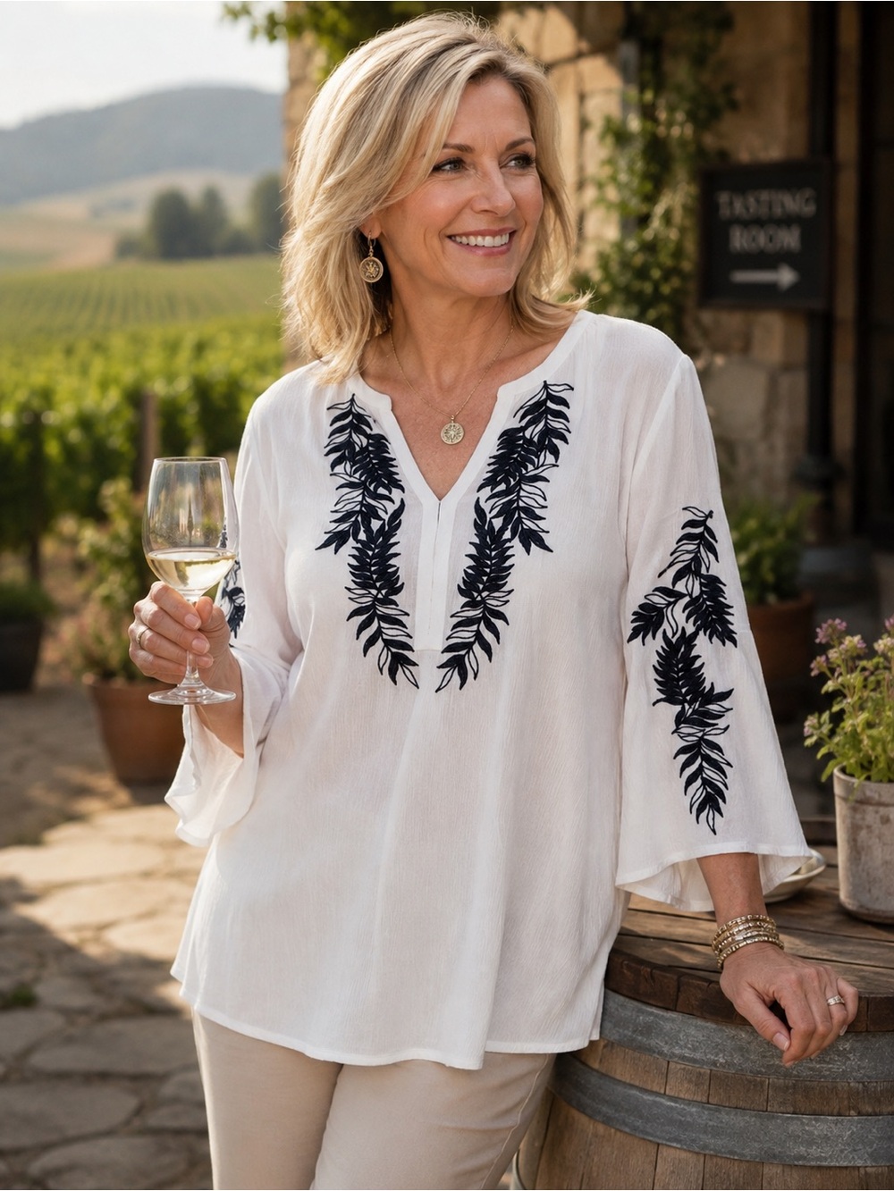 Chico's White Tunic with Navy Leaf Embroidery Accents